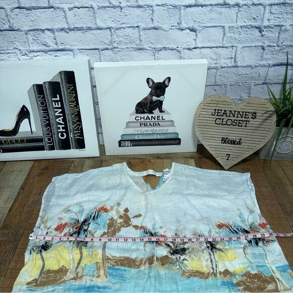 Chico's Scenic Ocean 100% Linen Caftan Blouse Top Beachy Tropical Poncho L/XL - Picture 8 of 10